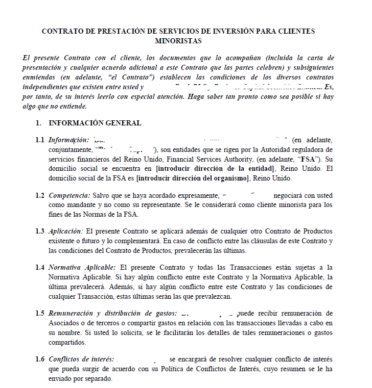 Ejemplo de un contrato de prestación de servicios de inversión traducido desde el inglés
